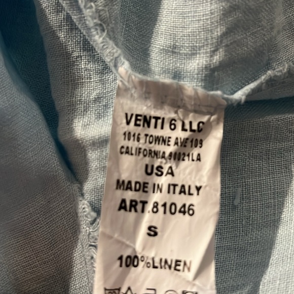 Venti 6 Celeste Blue 100% Linen Sleeveless Collar Button up Distressed seam Top - Picture 5 of 6